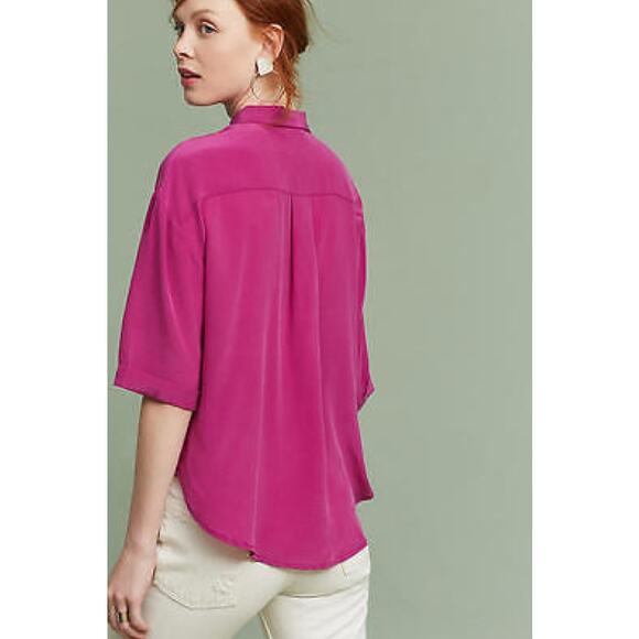 Anthropologie Blouse Womens Medium Mairead Silk Cutout Button Down Pink Maeve - Picture 2 of 8